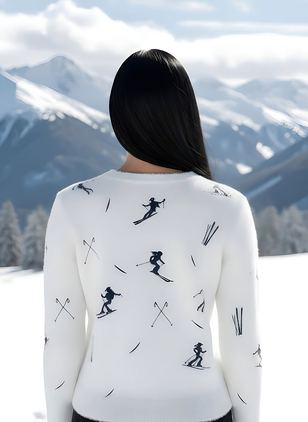 Back view of woman wearing the white Cowgirl Skier jacquard sweater with navy skier and ski pole motifs, standing in the snow.