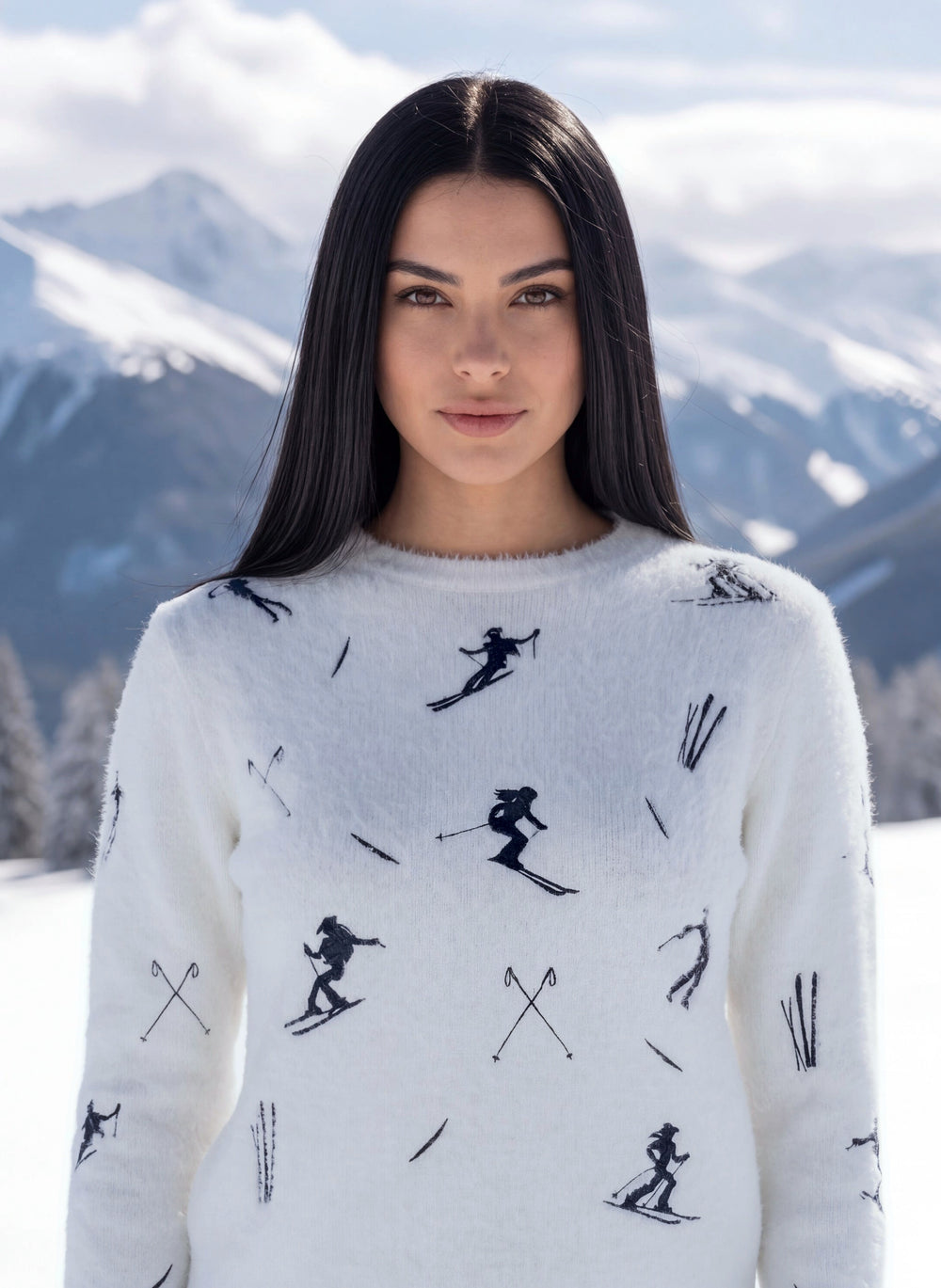 Woman wearing the Jacquard Cowgirl Skier Ski Sweater in white with black skier silhouettes and crossed skis