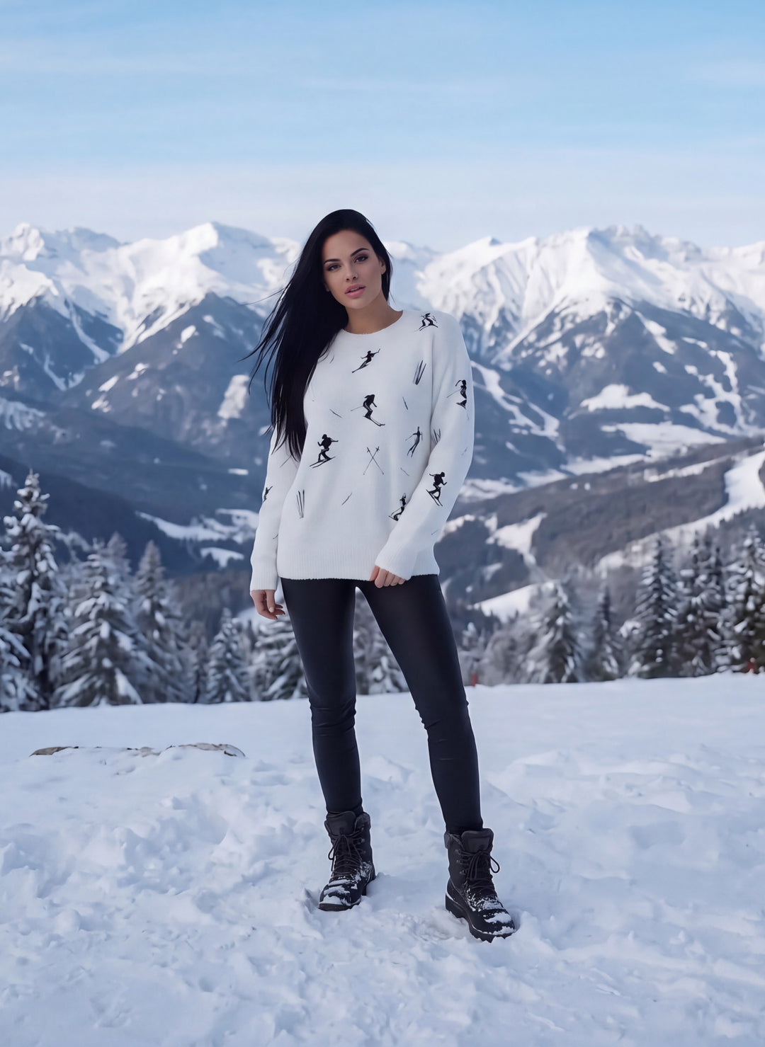 Woman standing in the snow wearing the white Jacquard Cowgirl Skier Ski Sweater with navy skier silhouettes, black pants and snow boots, with snowy mountains behind