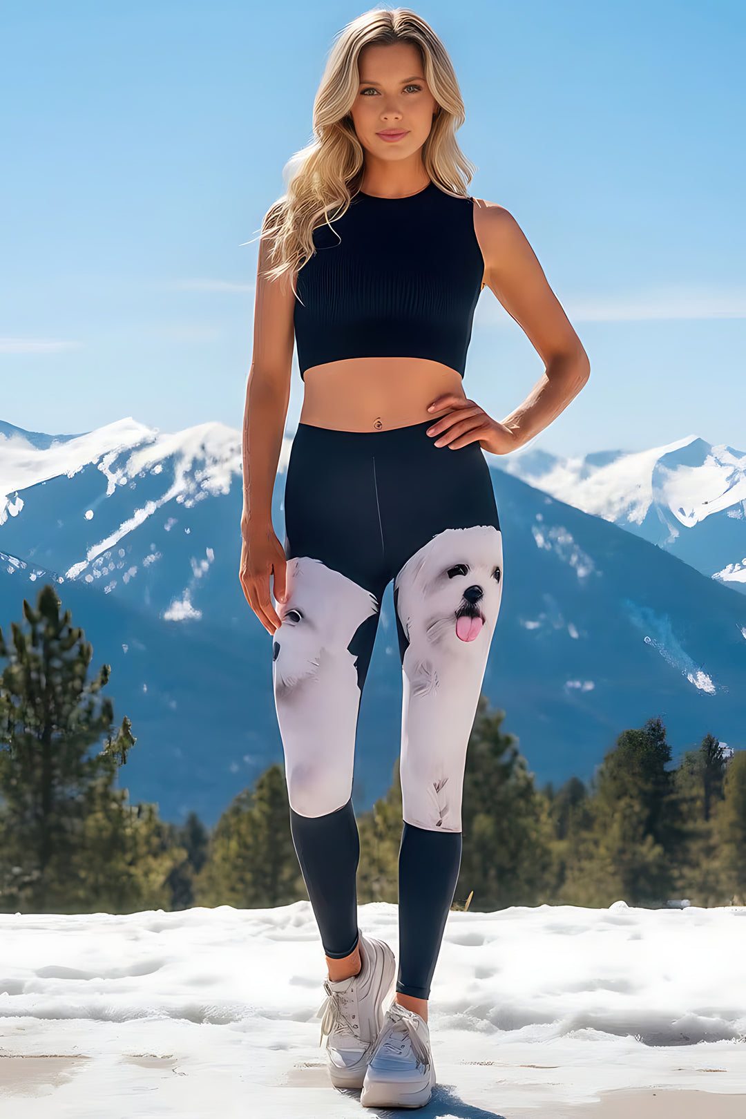 Woman with hand on hip wearing Maltese print leggings with large white dog faces, black sleeveless crop top.