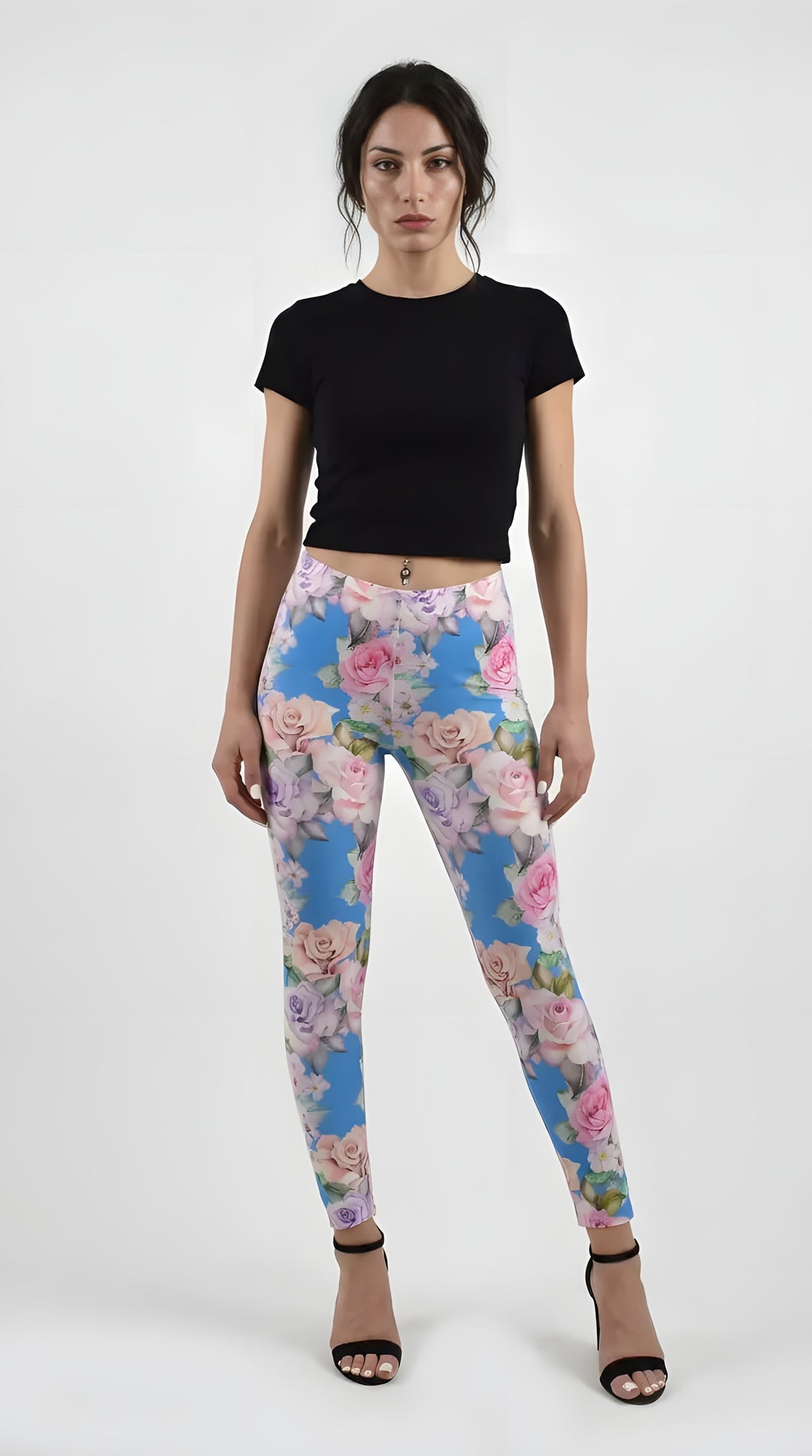 Model wearing pastel Blue Roses Leggings