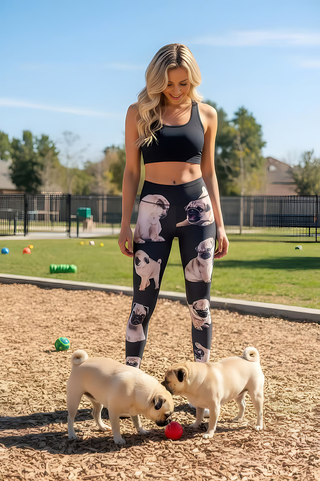 Woman at a dog park wearing Pug print leggings with tan pug artwork on black, watching two real pugs play with a red ball.