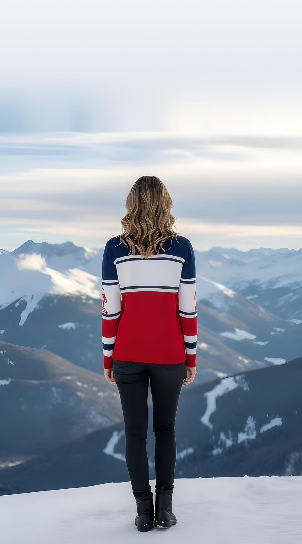 Back view of woman in the snow wearing the red, white and navy Telluride turtleneck sweater, looking out over a mountain range.