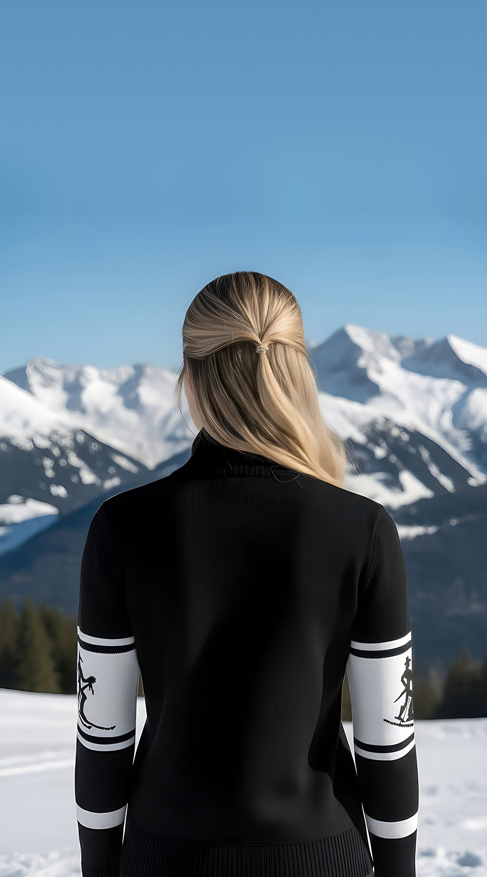Back view of the black Telluride half-zip sweater with white striped sleeve bands and skier intarsia, modeled on a snowy mountain.