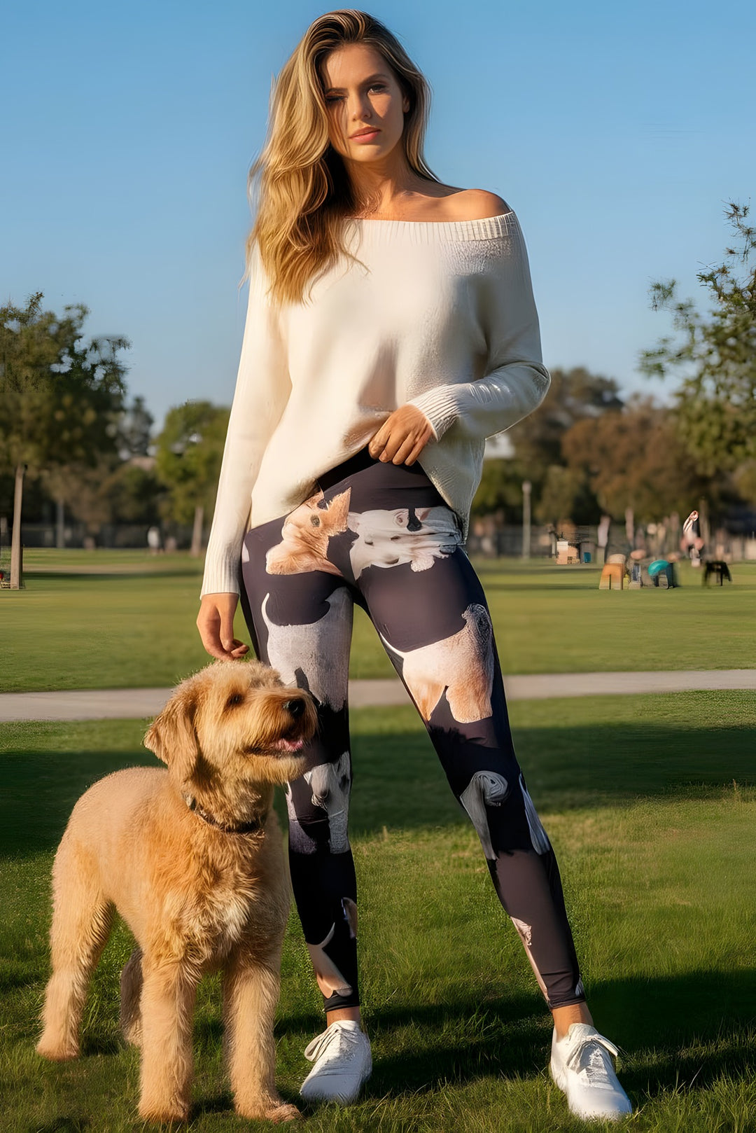 Woman in an off-shoulder cream sweater wearing Wheaten Terrier print leggings with golden terrier artwork, standing beside a real dog in a sunny park.
