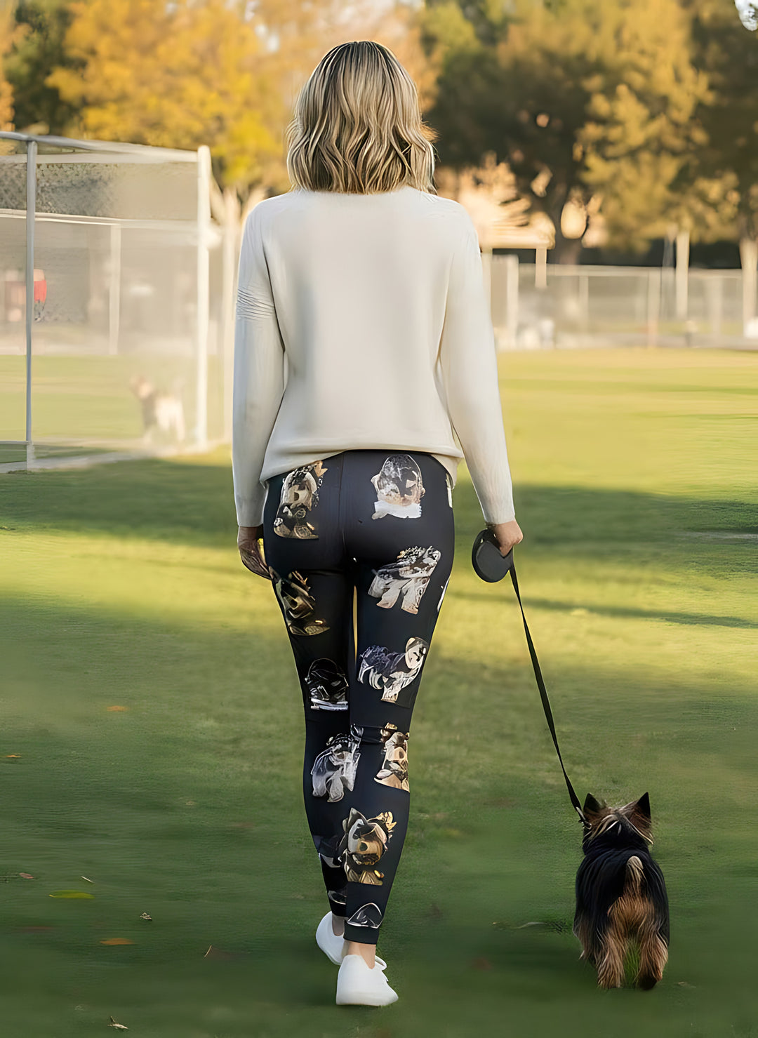 Back view of woman wearing Yorkie print leggings with Yorkie puppy artwork, walking a real Yorkie on a leash across a grassy park.