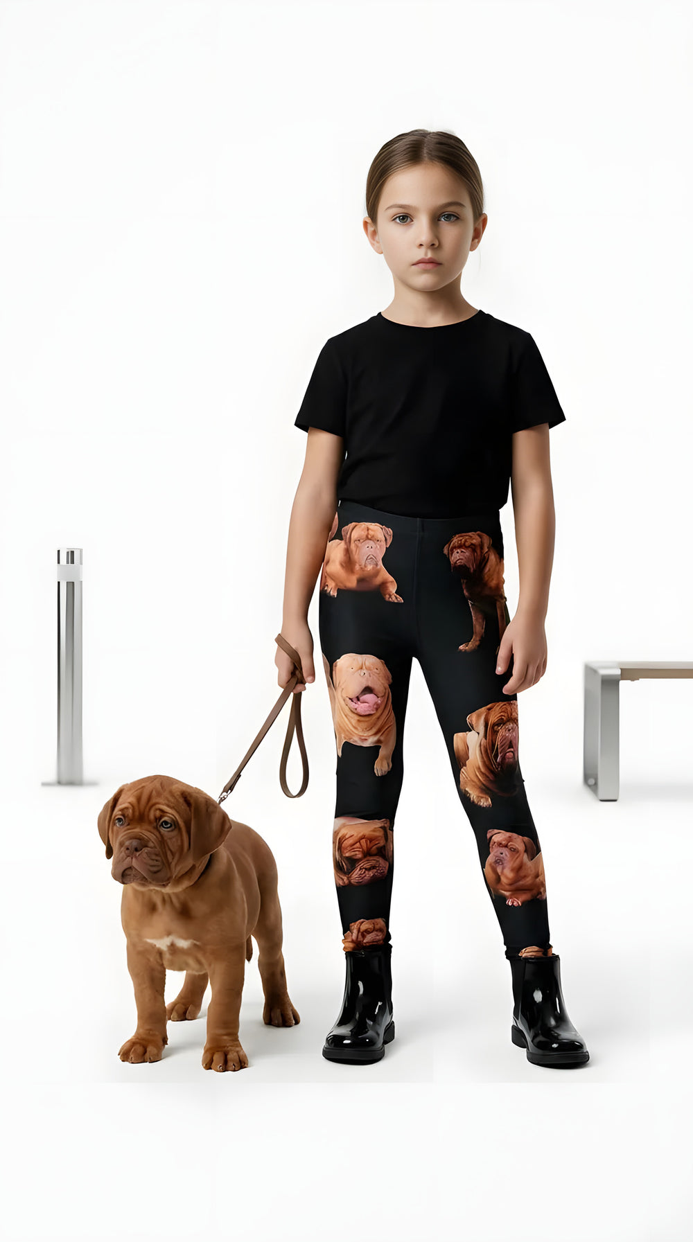 Girl in a rust top and black boots standing beside a Dogue de Bordeaux puppy, wearing black Dogue de Bordeaux print girls leggings