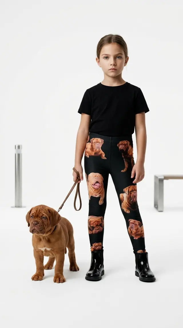 Girl in a rust top and black boots standing beside a Dogue de Bordeaux puppy, wearing black kids leggings with an all-over Dogue de Bordeaux print