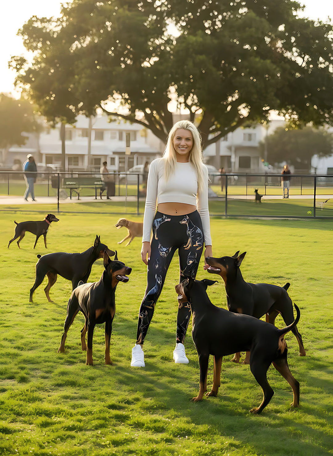 Woman in a white top wearing Doberman print leggings, surrounded by playful real Dobermans at a dog park at sunset.