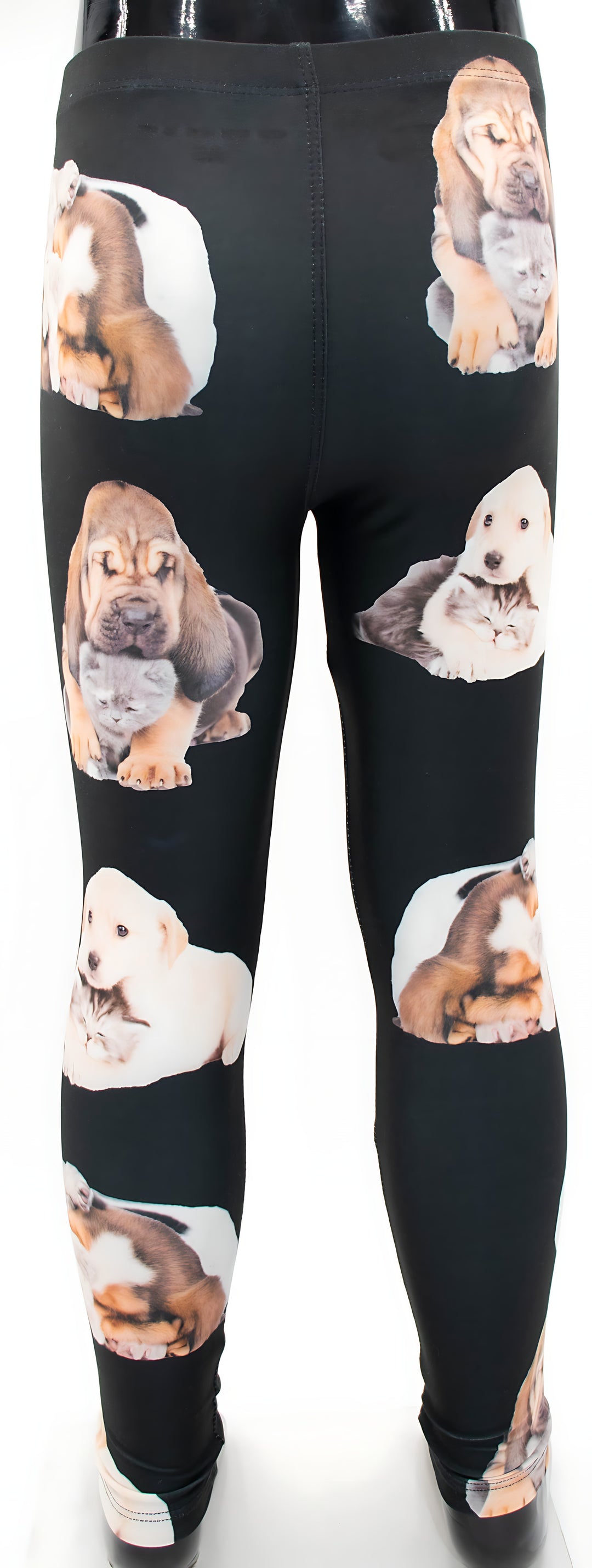 Front view of kids kitten and puppy print leggings with cuddling puppy and kitten photos on black fabric, shown on a mannequin.