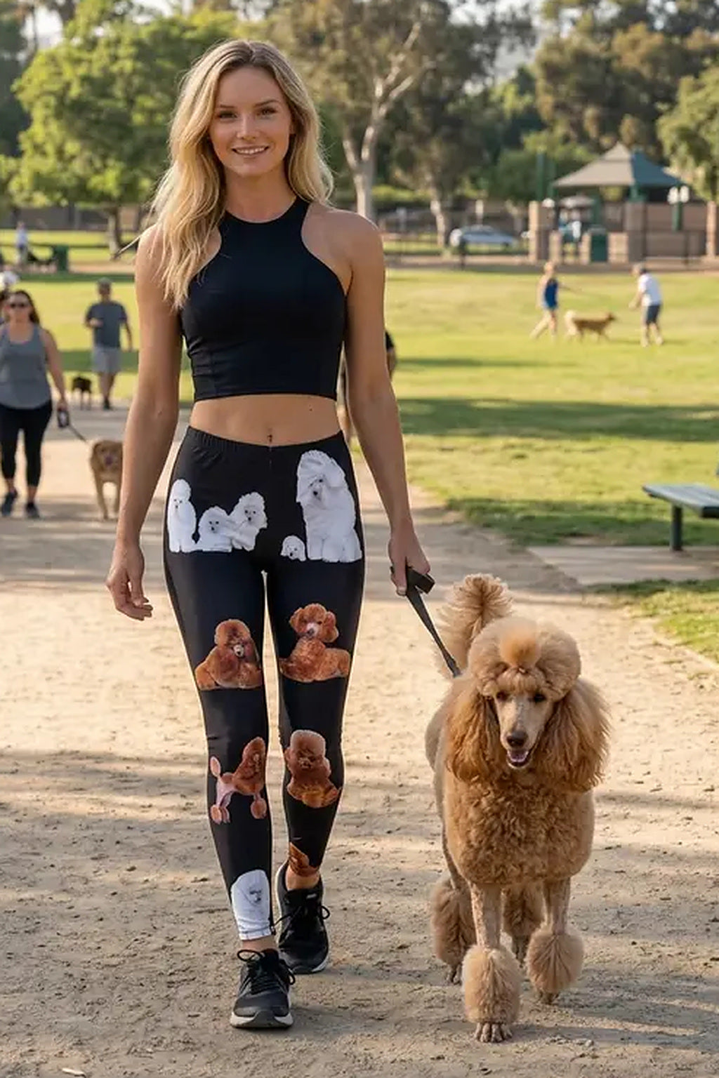 Woman in a black crop top walking an apricot standard poodle in a show clip, wearing poodle print leggings