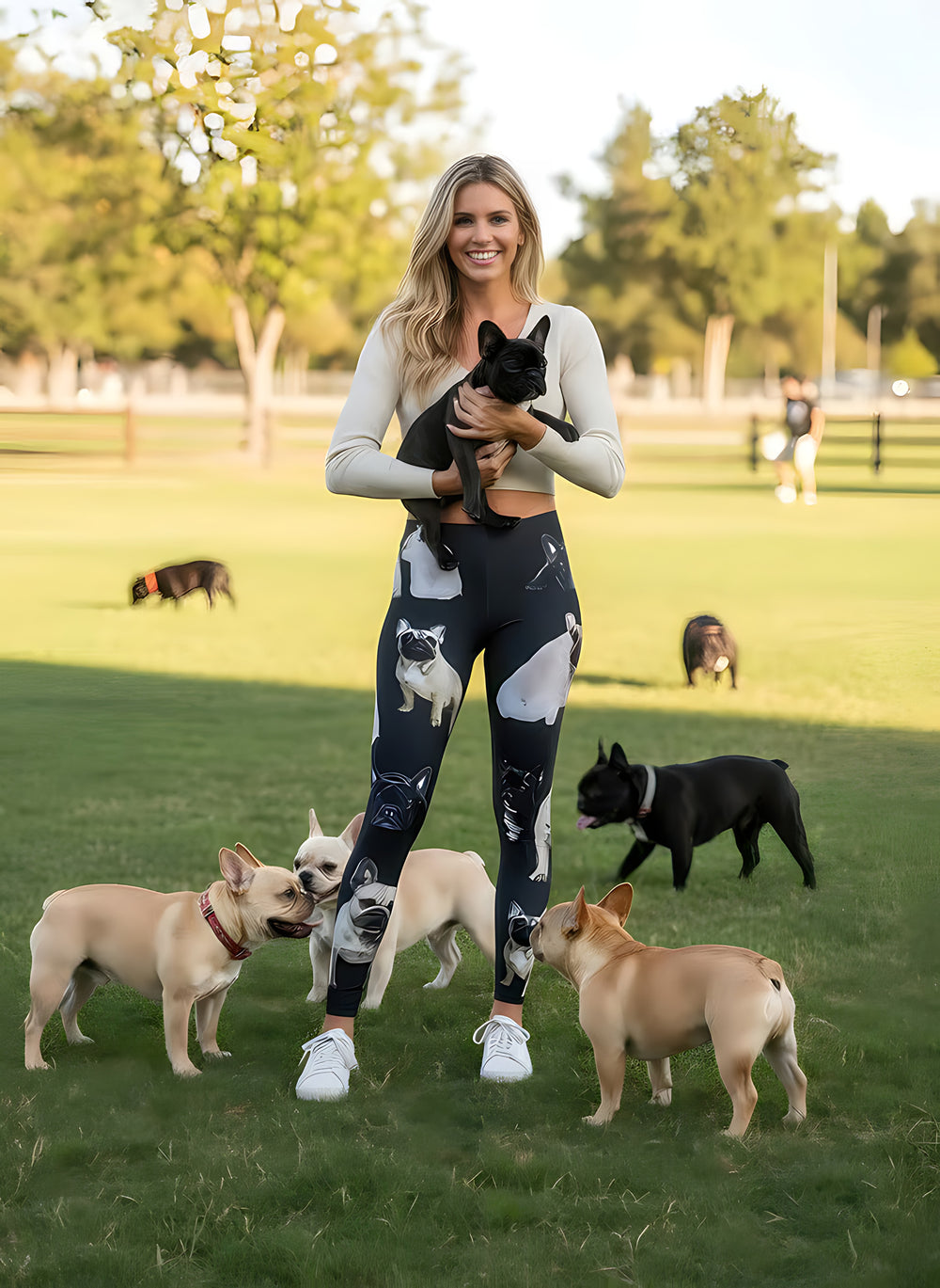Woman holding a French Bulldog puppy wearing French Bulldog print leggings, surrounded by real Frenchies at a dog park.