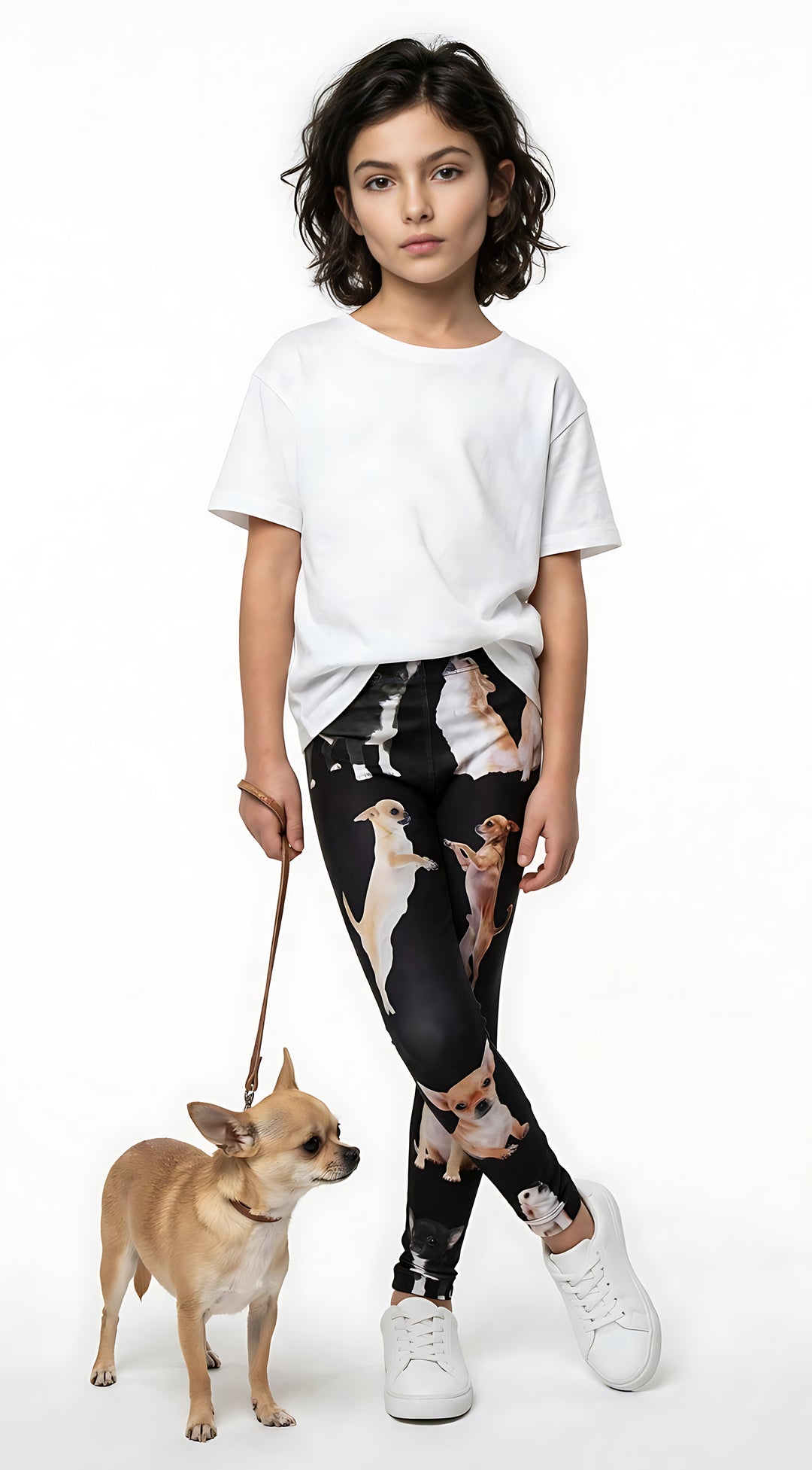 Young girl holding a leash with a real Chihuahua, wearing kids Chihuahua print leggings and a white t-shirt, studio shot.