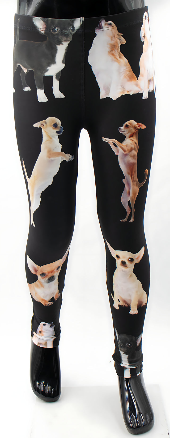 Kids Chihuahua print leggings with tan Chihuahua photos on black fabric, shown on a mannequin.
