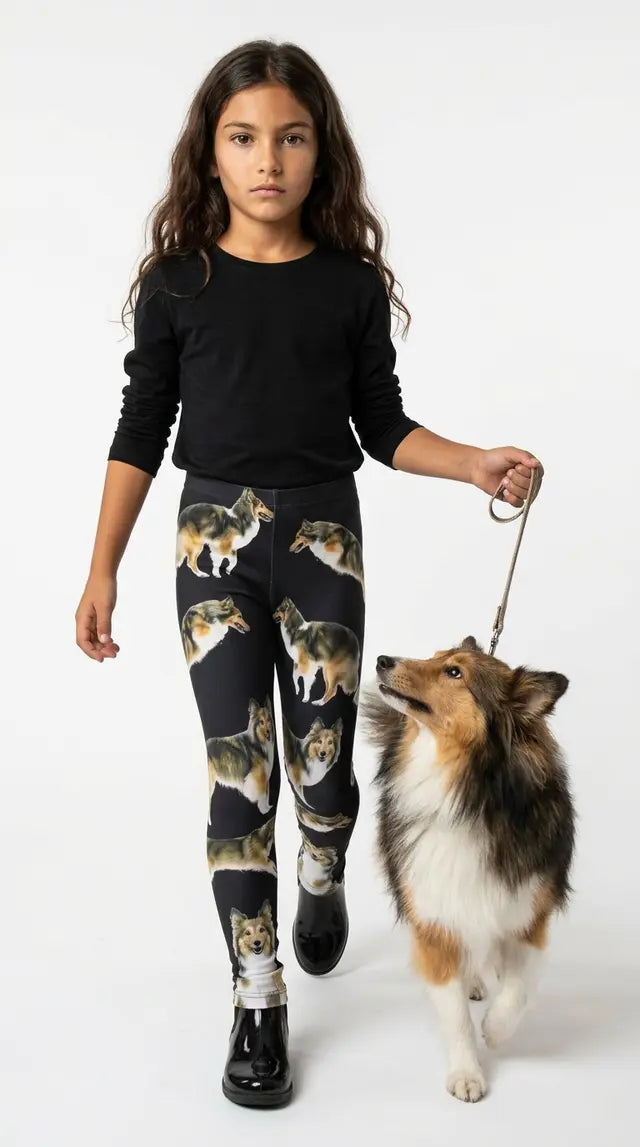 Girl in a white top and black boots walking a Shetland Sheepdog on a leash, wearing black kids leggings with an all-over Sheltie print