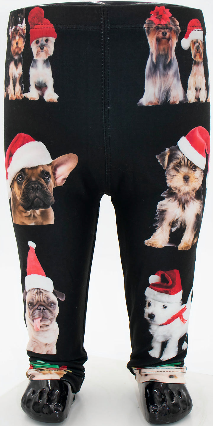 Kids Christmas dogs print leggings with dogs in Santa hats on black fabric, shown on a mannequin.