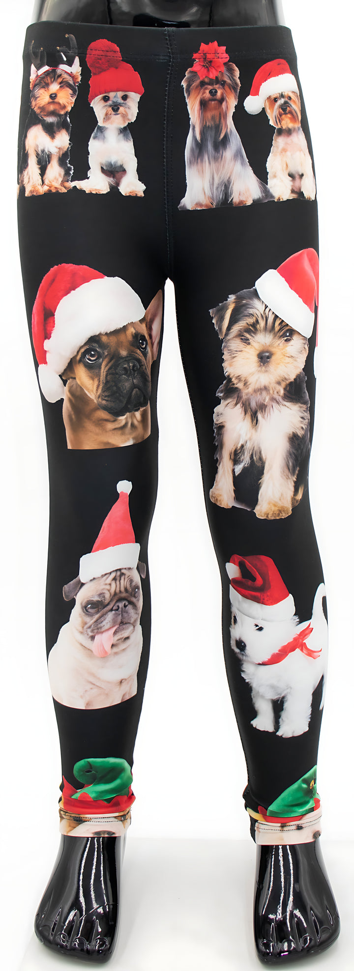 Kids Christmas dogs print leggings with Yorkies in holiday hats, a Frenchie and Pug in Santa hats, and elf trim cuffs.