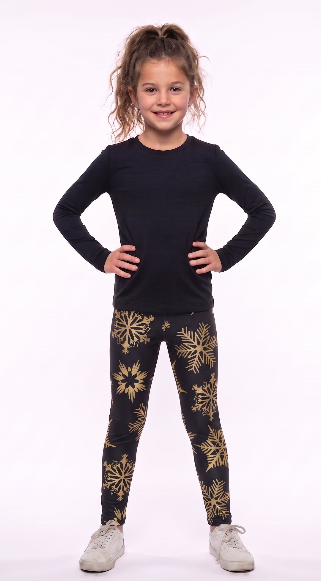 Golden Snowflake Print Girls Leggings front