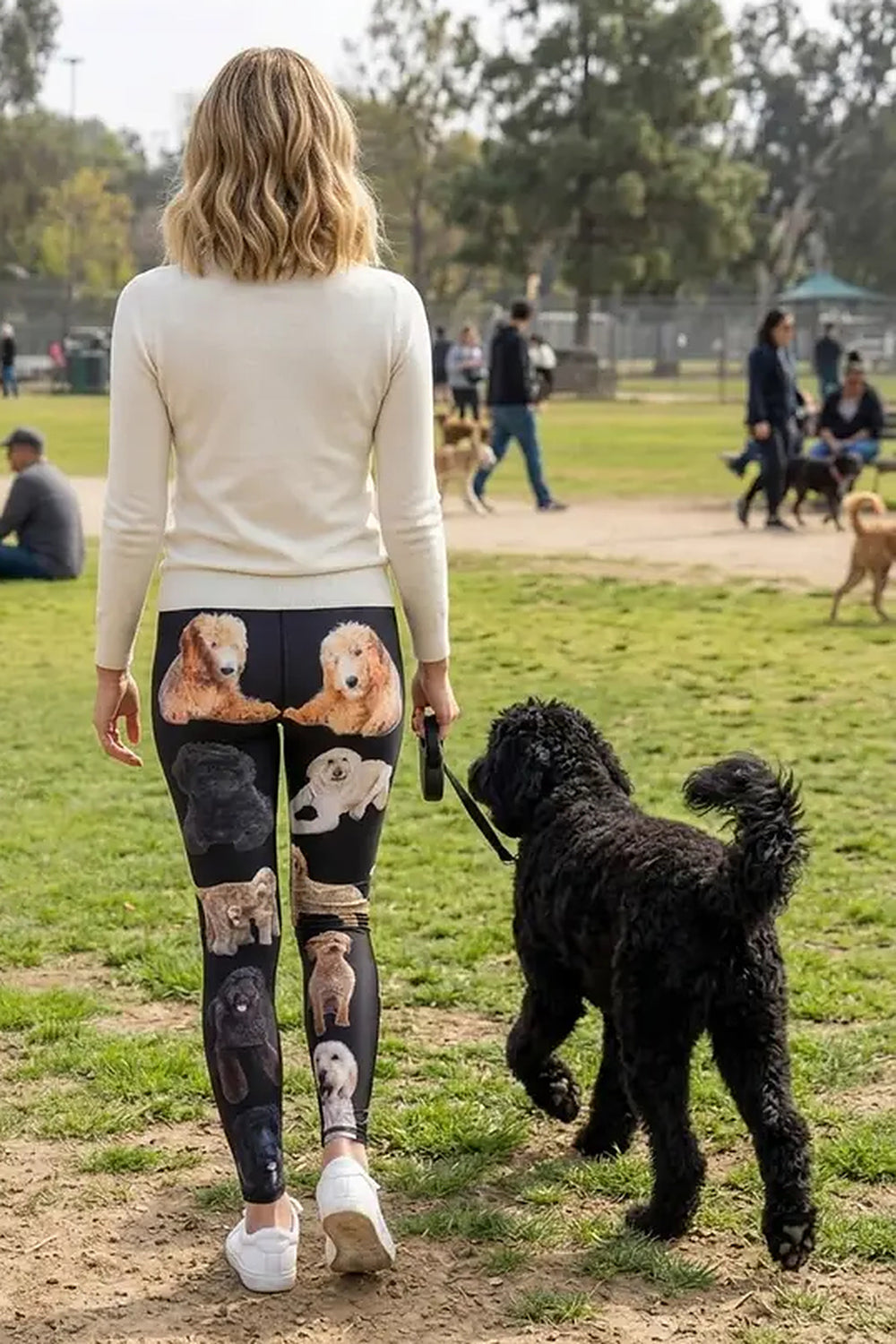 Back view of a woman in a cream sweater walking a black doodle in multi-color doodle print leggings