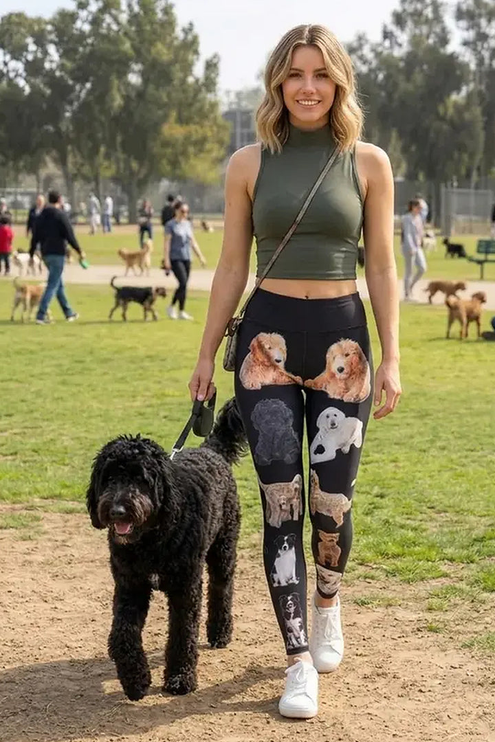 Woman in an olive crop top walking a black doodle in a park, wearing multi-color doodle print leggings