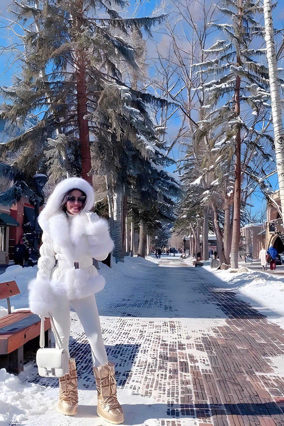 Woman wearing the white satin down jacket with fox fur hood trim and fur cuffs, white leggings and gold snow boots on a snowy tree-lined street.