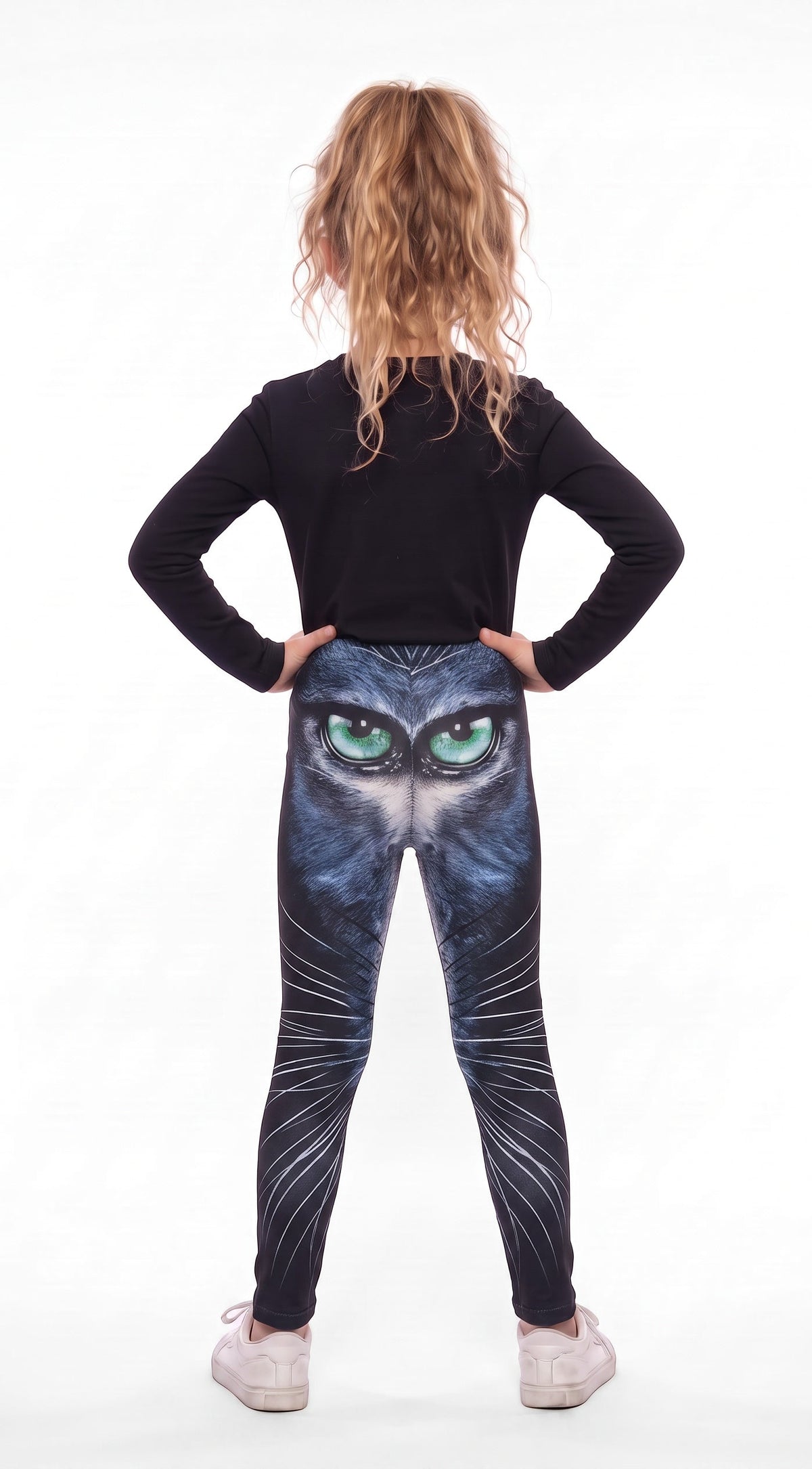 Black cat face print girls leggings with green eyes and white whiskers, back view