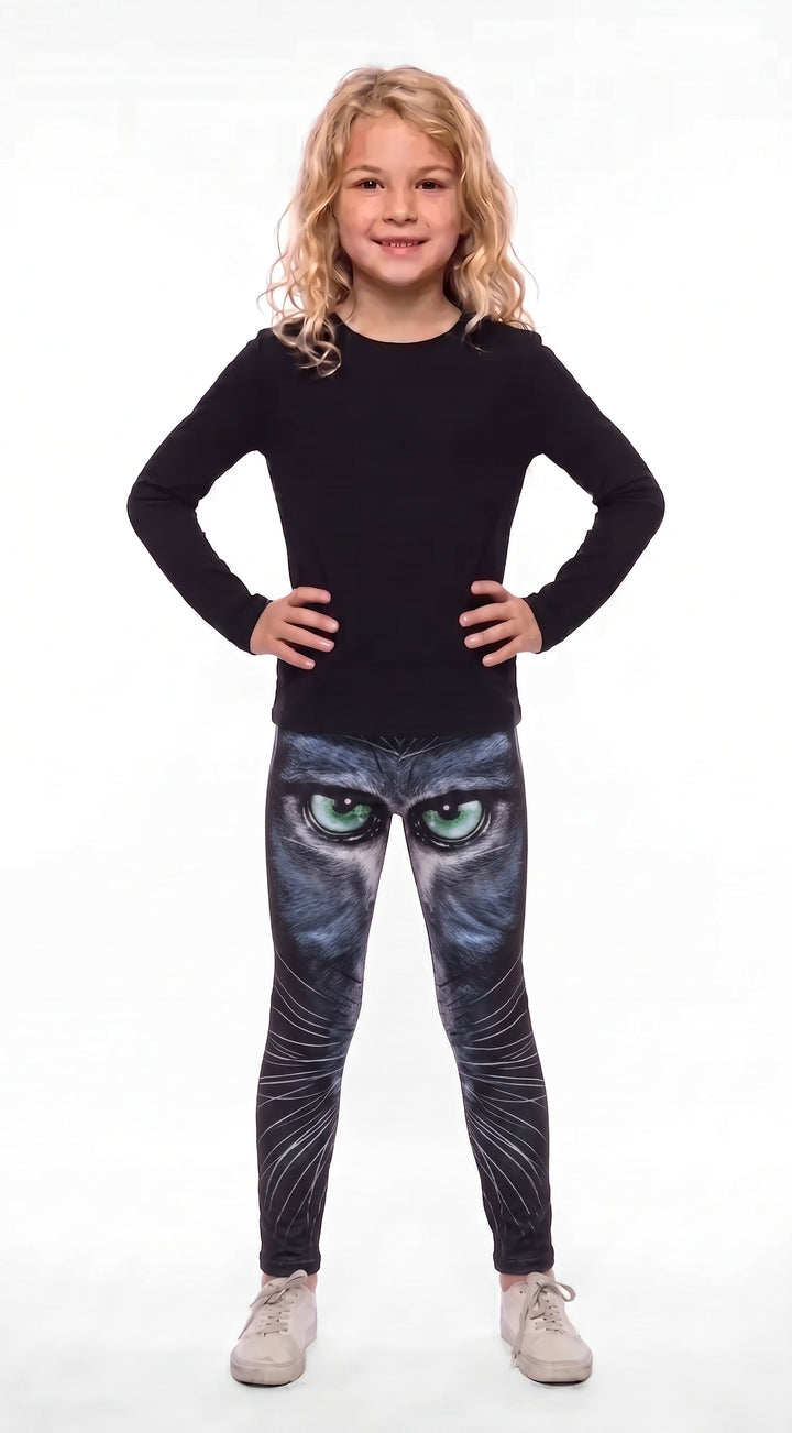 Black cat face print girls leggings with green eyes and white whiskers, front view