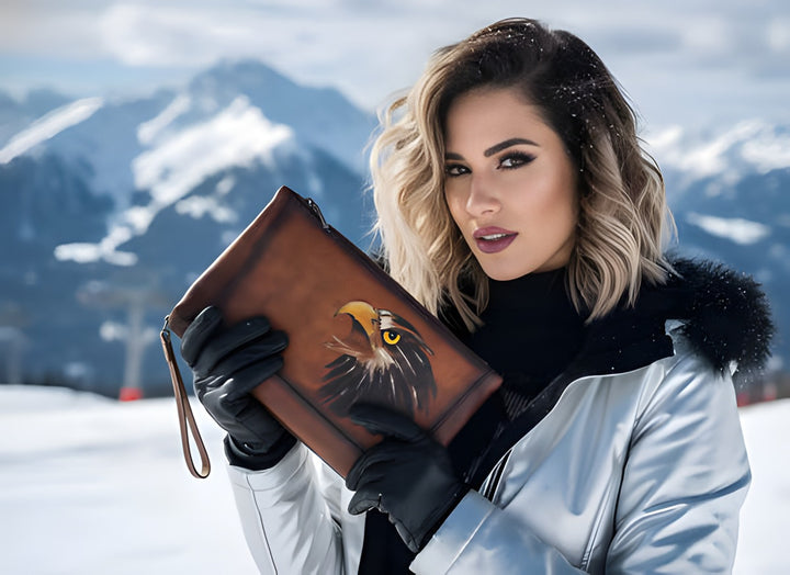 Woman in black gloves holding the hand-painted leather clutch bag with an eagle head design, snowy mountain backdrop.