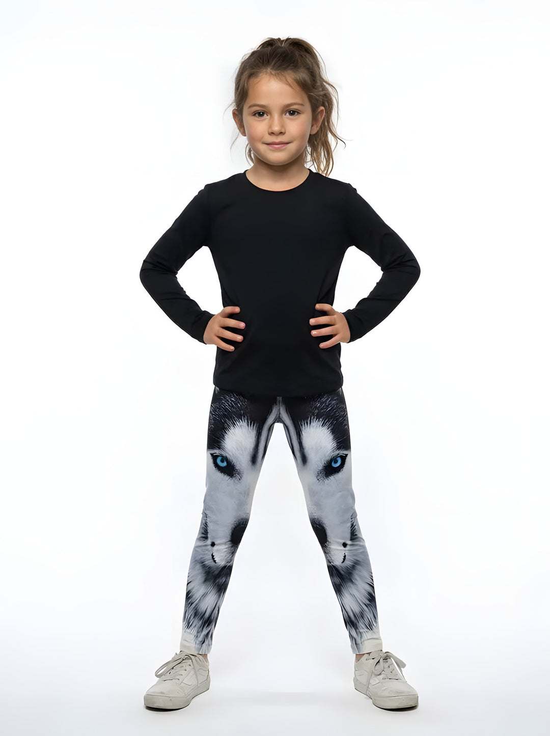 Girl wearing wolf face print kids leggings