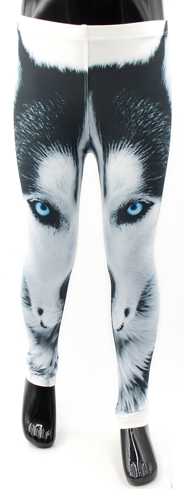 Full-length front view of kids Wolf print leggings with the blue-eyed wolf face design on a black child mannequin.