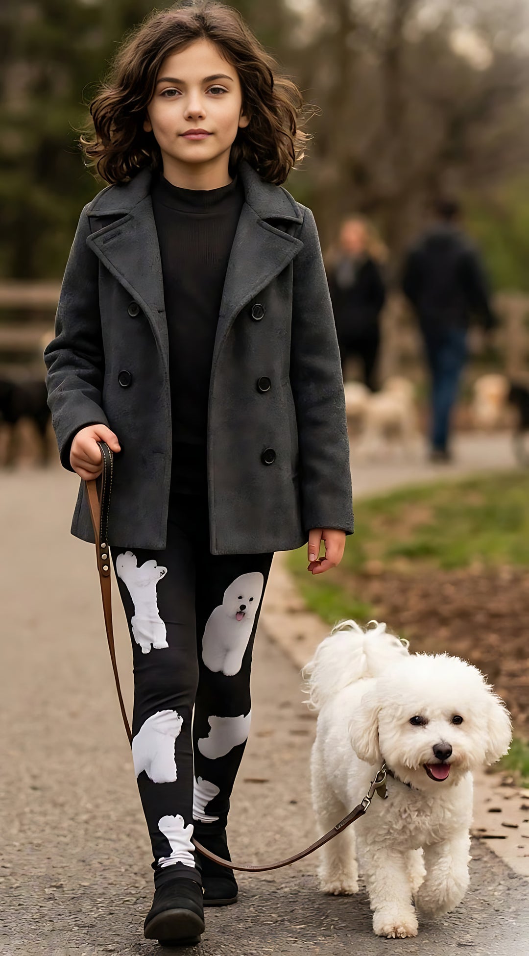 Young girl walking a real white Bichon Frise on a leash outdoors, wearing kids Bichon print leggings with white dog prints, gray coat.
