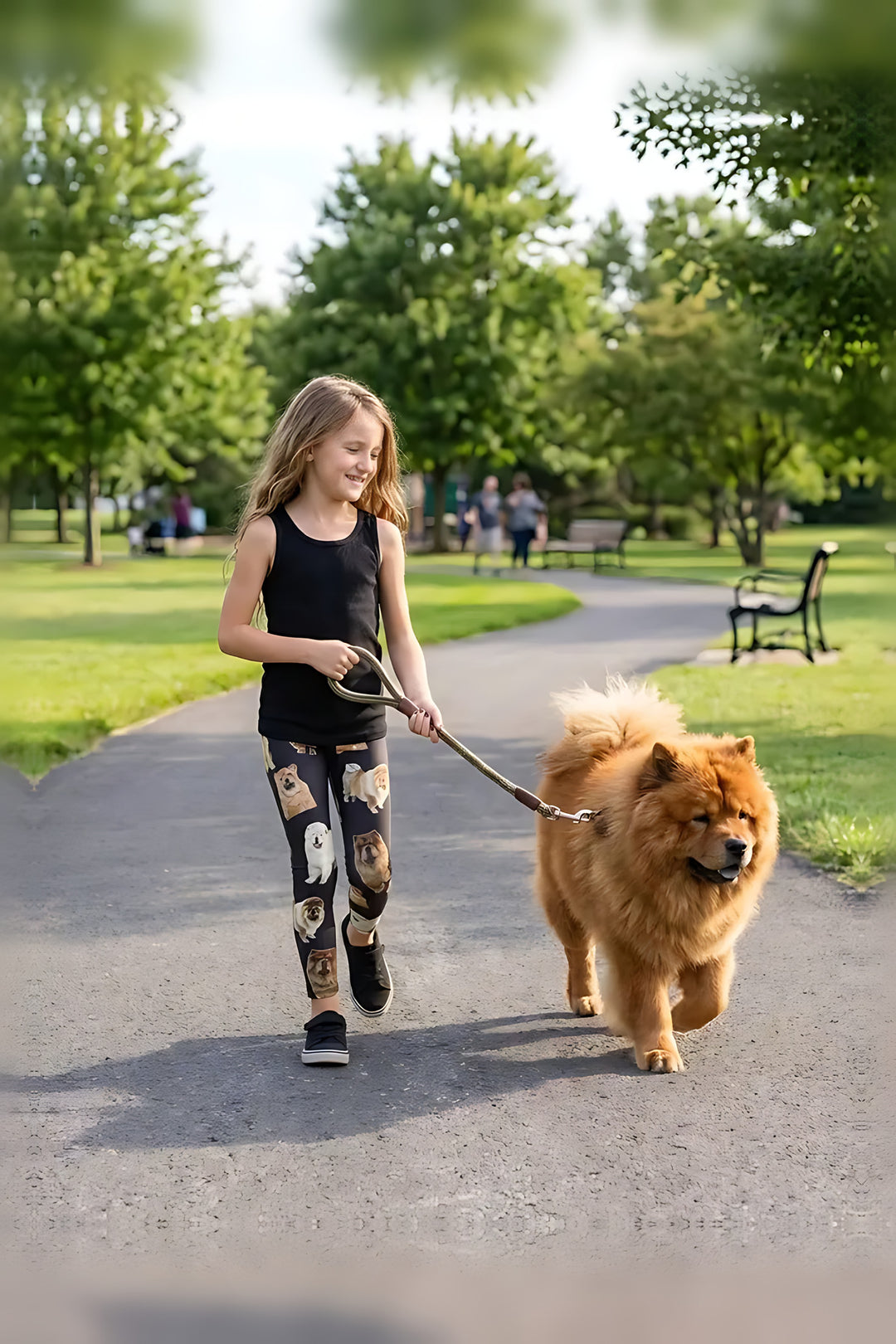 Girl in a black tank top walking a red Chow Chow in a park, wearing black Chow Chow puppy print girls leggings