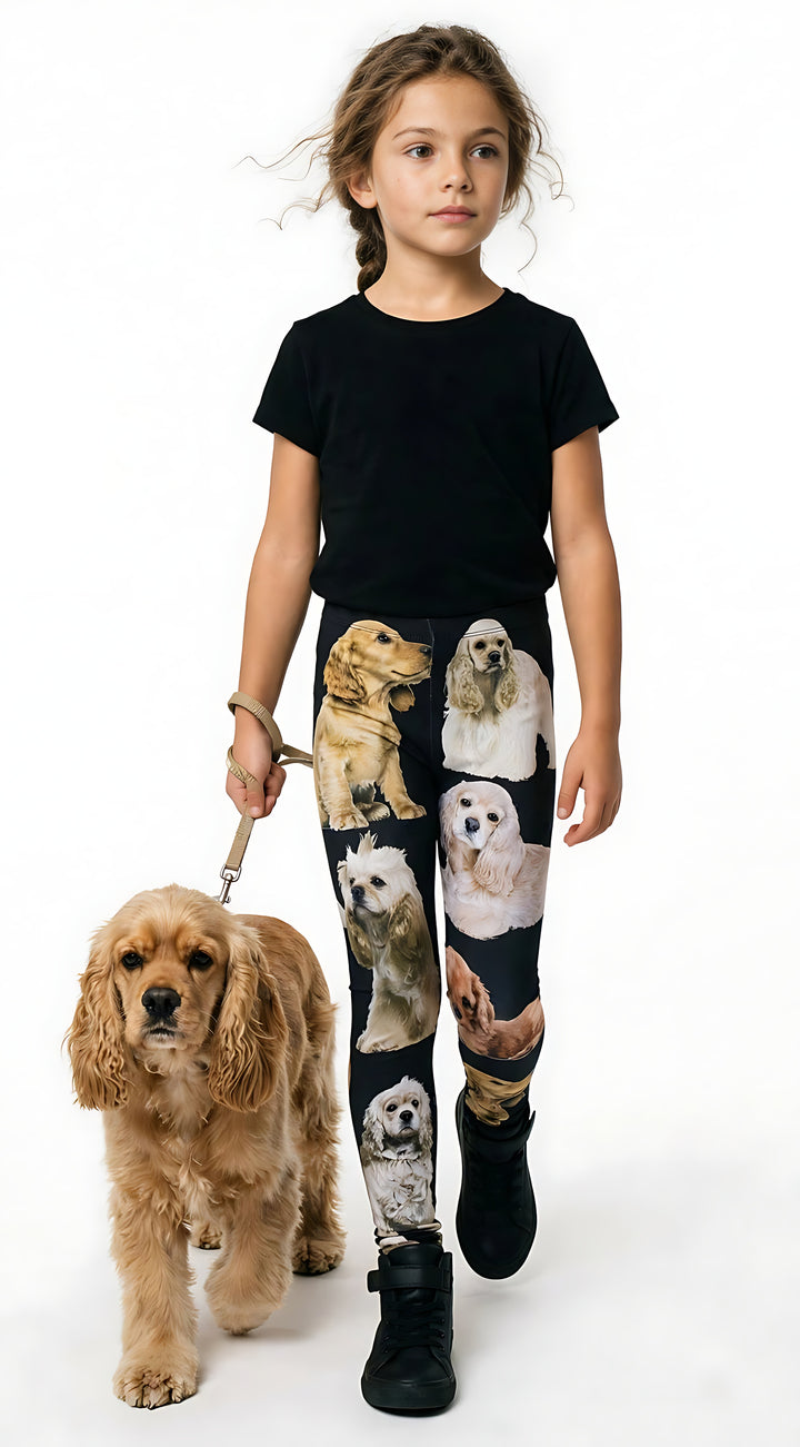 Young girl walking a real Cocker Spaniel on a leash, wearing kids Cocker Spaniel print leggings and a black t-shirt.