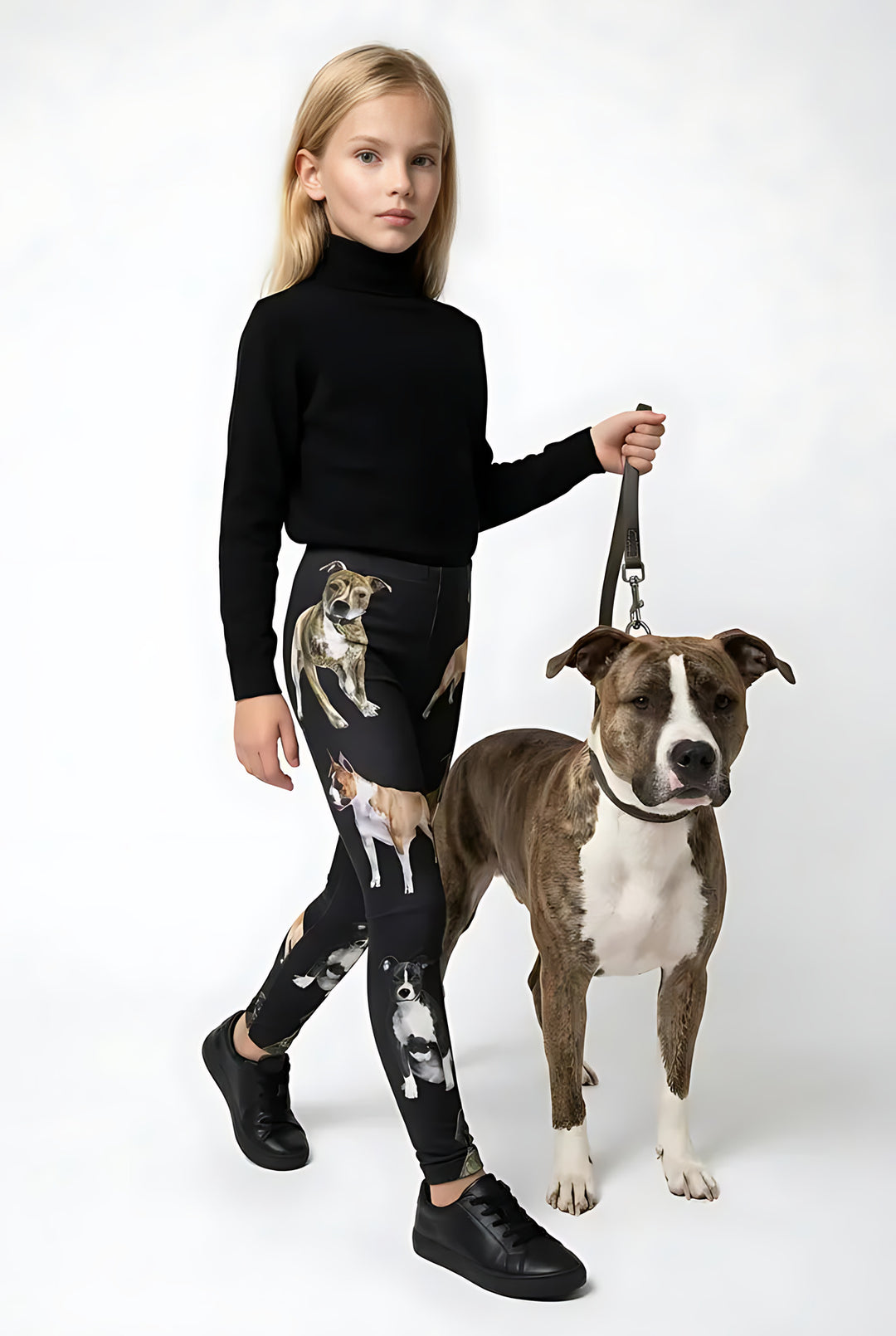 Girl wearing black Pit Bull print kids leggings with a brindle pit bull dog