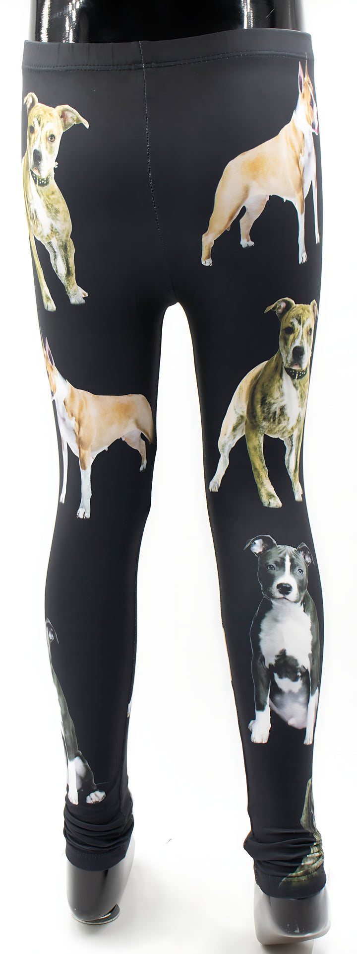 Kids Pit Bull print leggings with standing tan and brindle pit bull portraits on black fabric, full-length mannequin product shot.