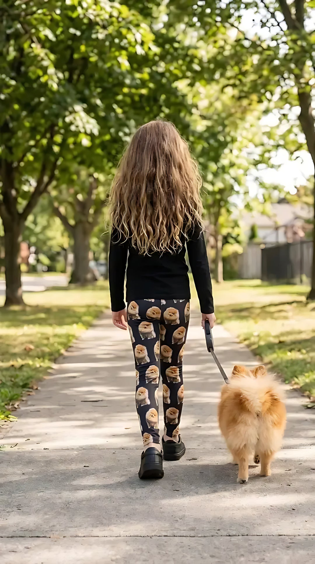 Back view of a girl walking a Pomeranian on a tree-lined sidewalk, wearing black Pomeranian print girls leggings