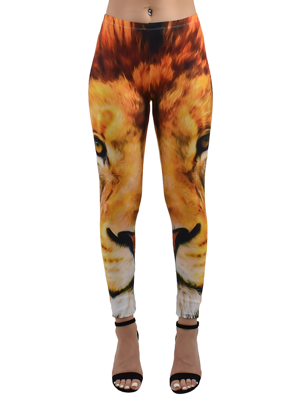 Close-up of King of the Jungle print leggings with a realistic golden lion face wrapping around orange fur.