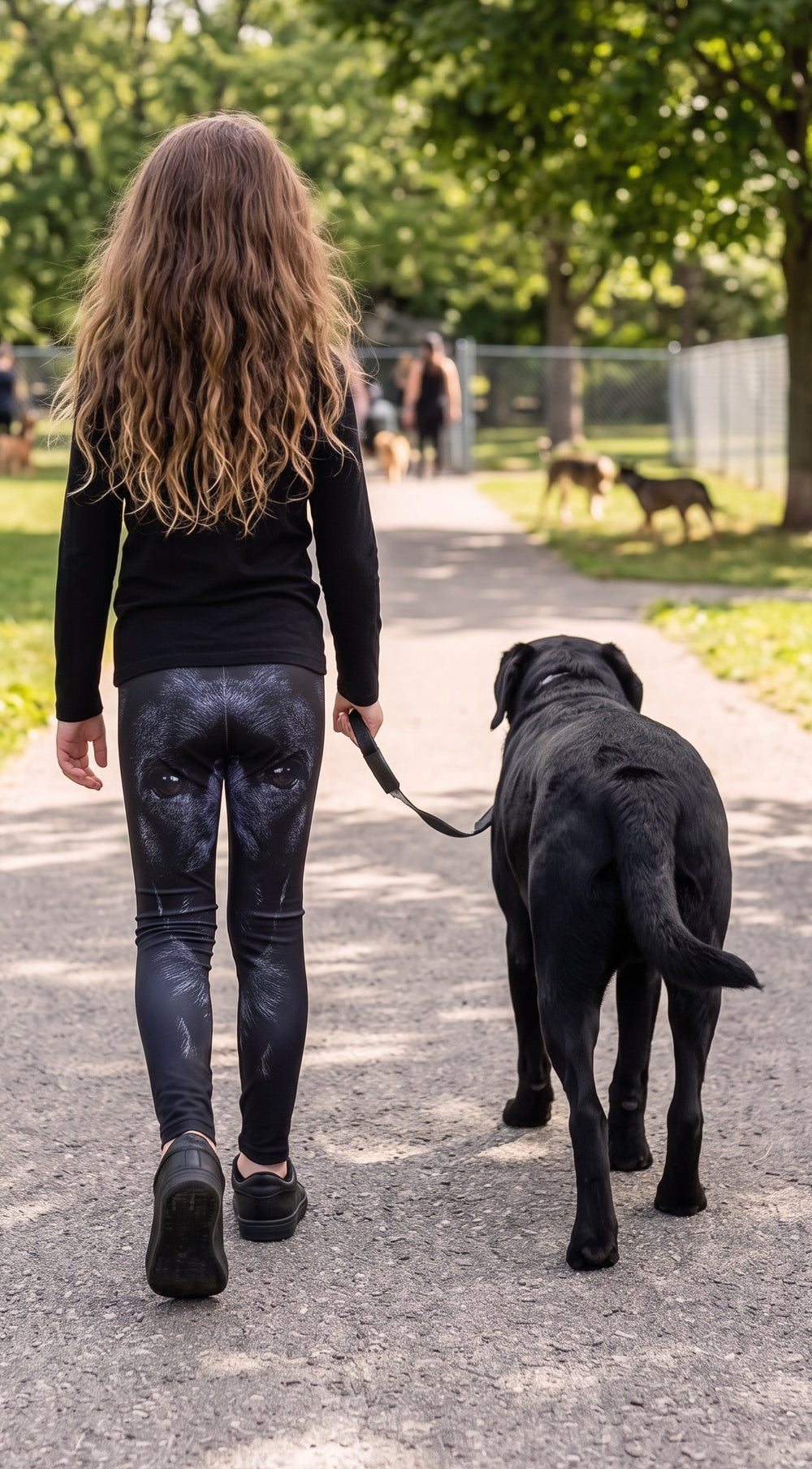 Black Labrador face print girls leggings, dark fur and eyes on black, back view