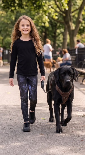 Black Labrador face print girls leggings, dark fur and brown eyes on black, front view