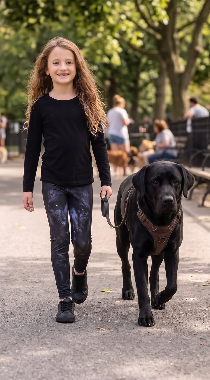 Black Labrador face print girls leggings, dark fur and brown eyes on black, front view