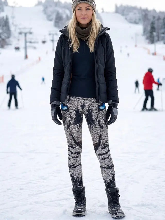 Woman on a snowy ski slope wearing gray and black Lion Mosaics leggings with blue eyes