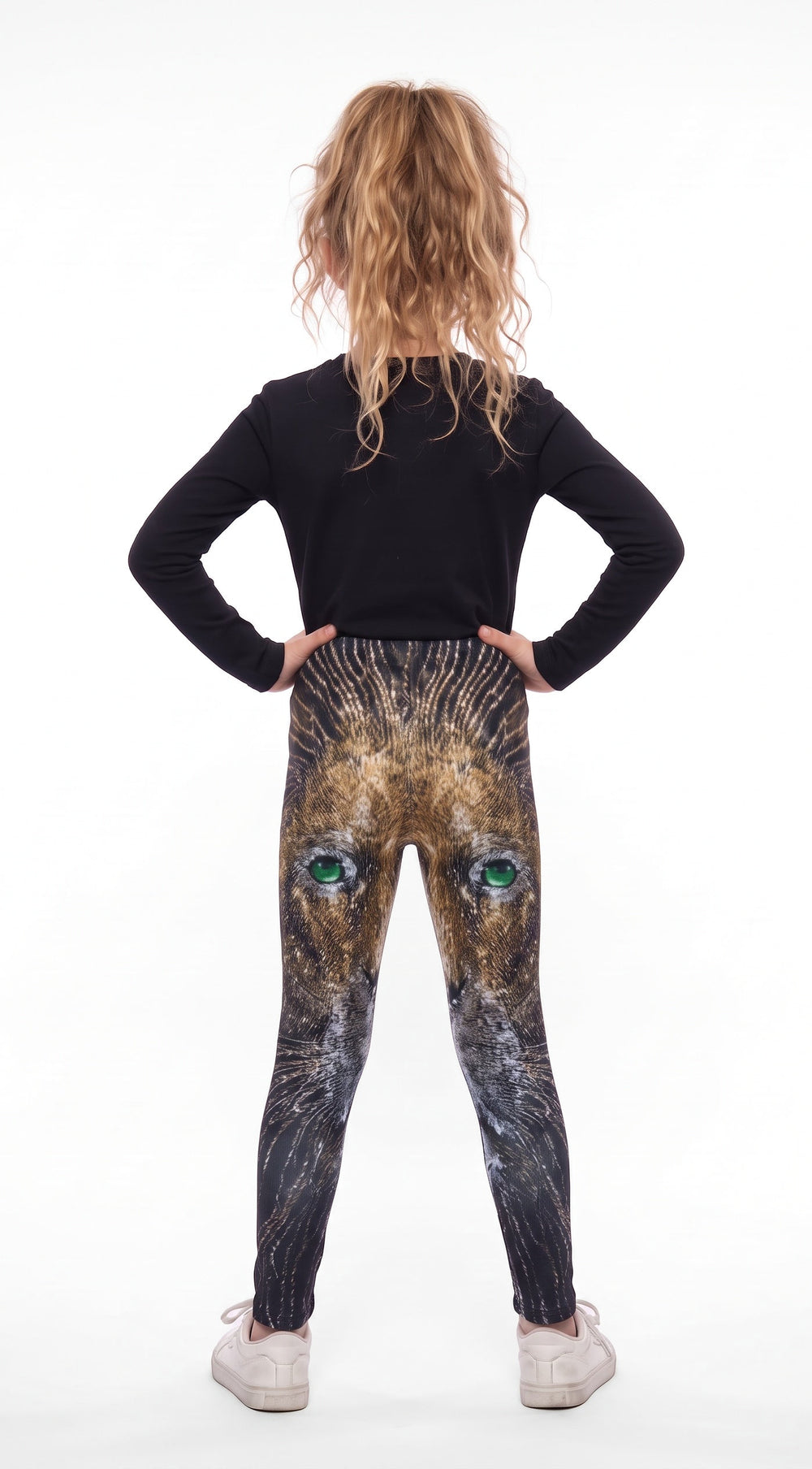 Lion print girls leggings, golden lion face with green eyes, back view