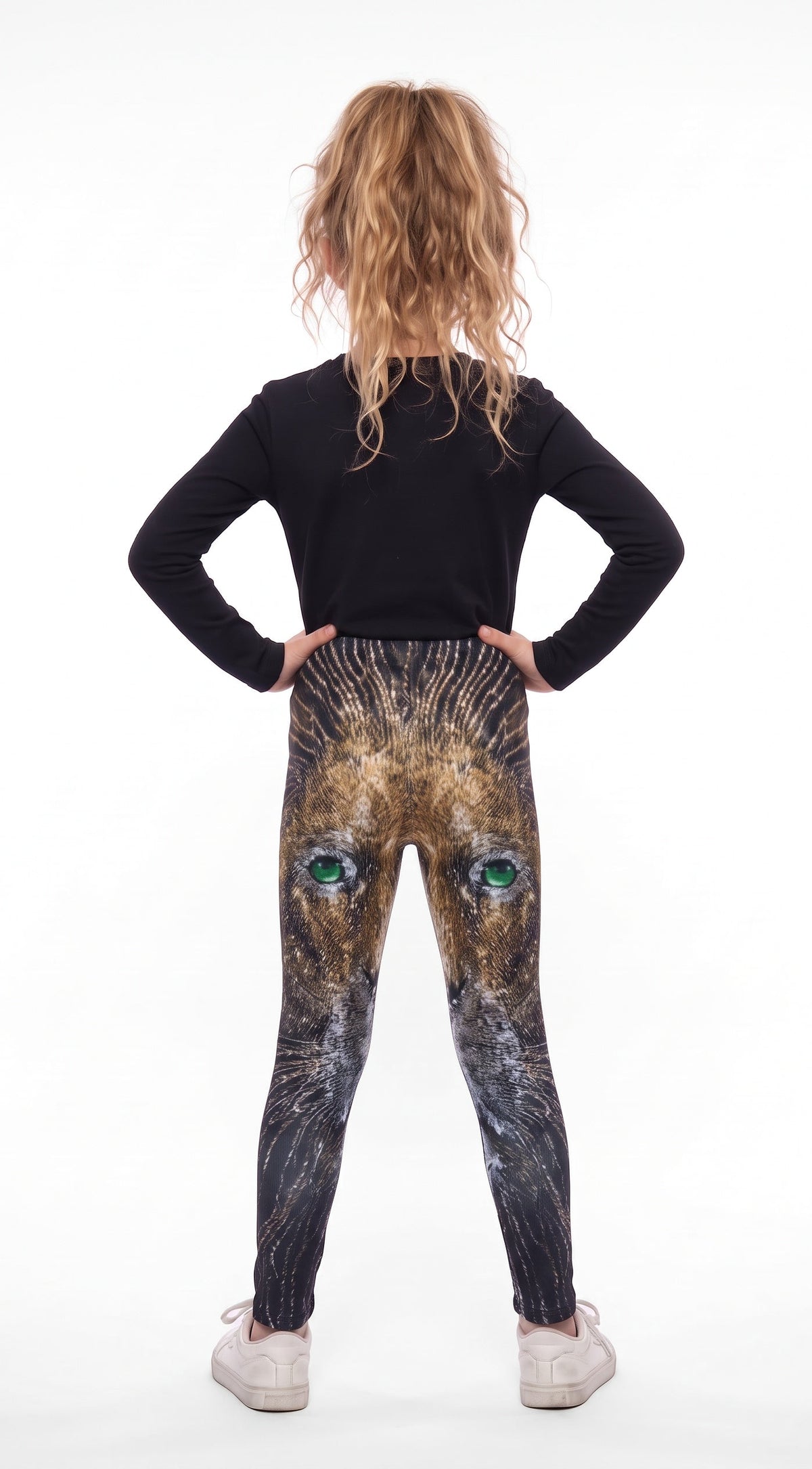 Lion print girls leggings, golden lion face with green eyes, back view