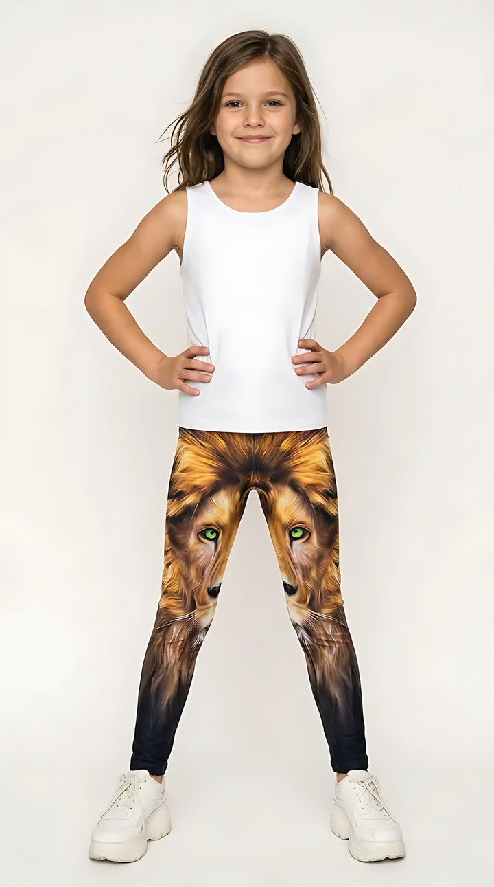 Girl wearing lion face print kids leggings