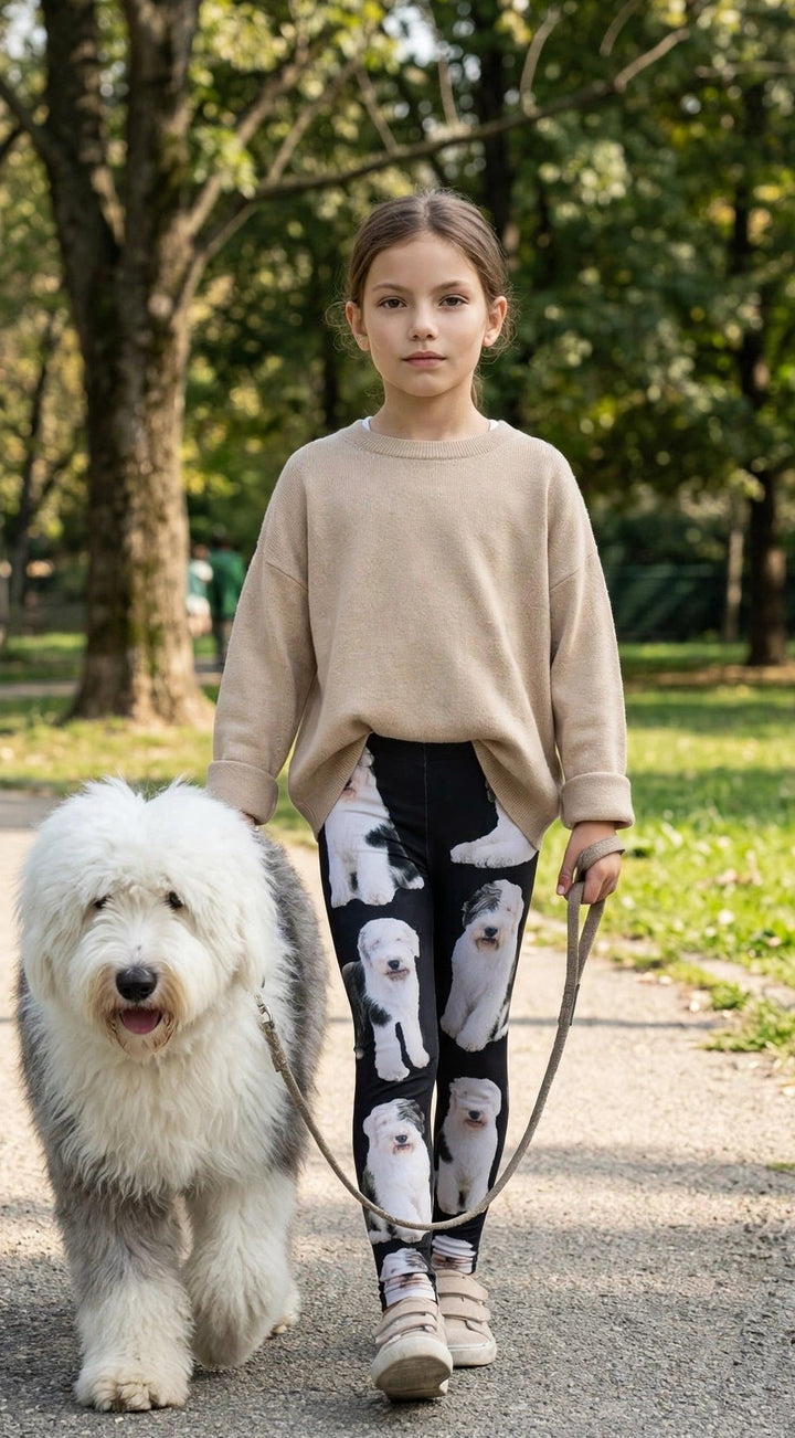 Kid's English Sheepdog Print Adjustable Leggings