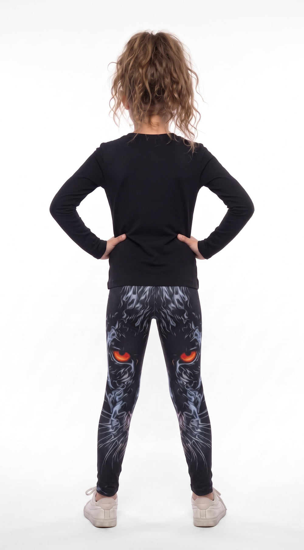 Black panther face print girls leggings with orange-red eyes, back view