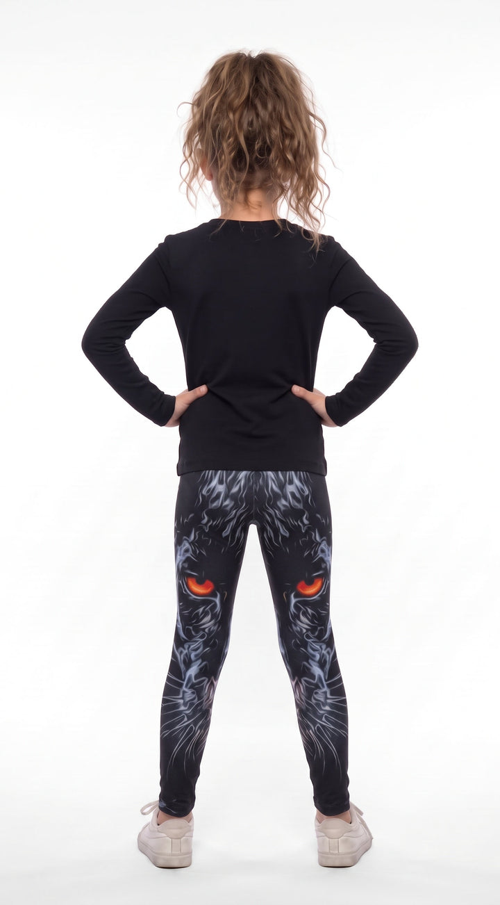 Black panther face print girls leggings with orange-red eyes, back view