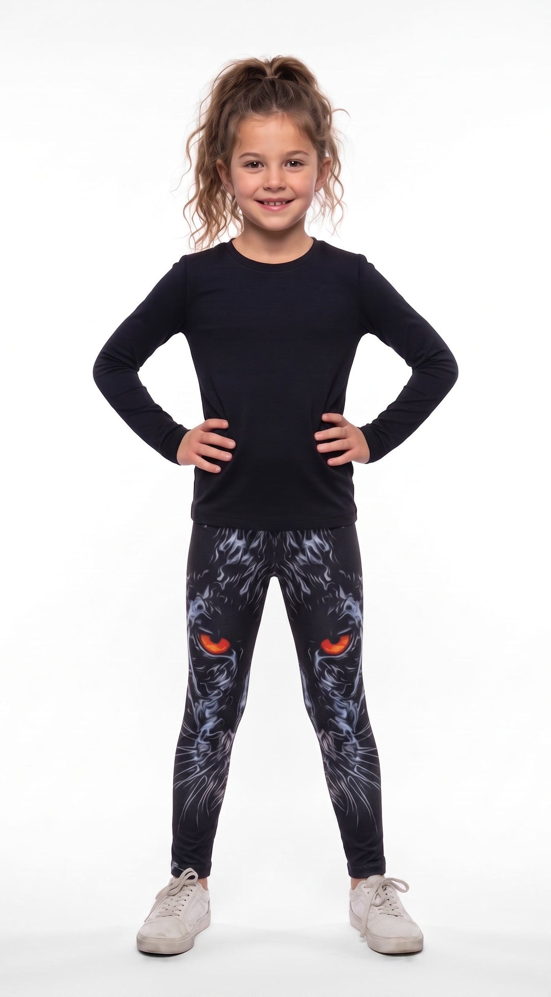Black panther face print girls leggings with orange-red eyes and silver-blue fur strokes, front view