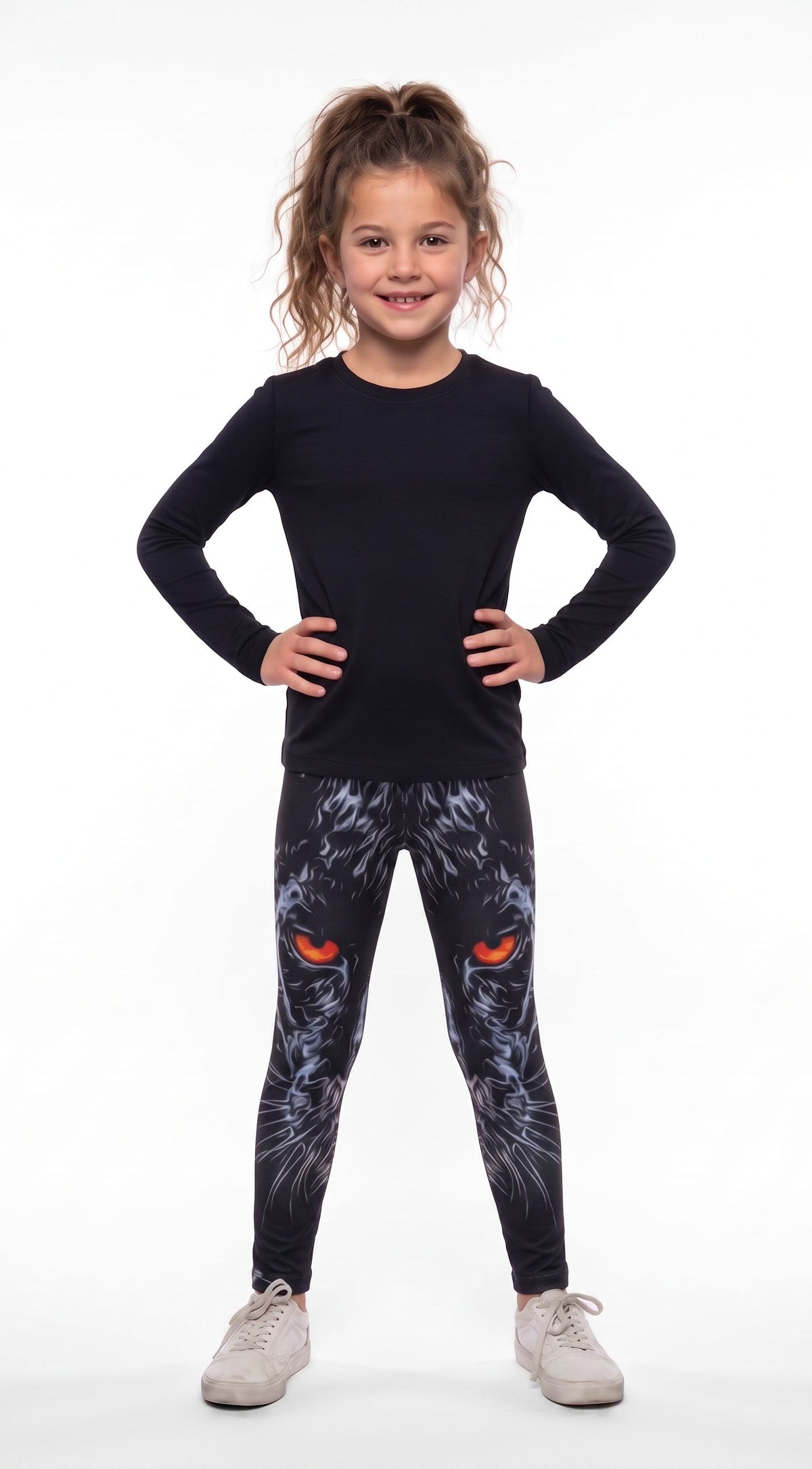 Black panther face print girls leggings with orange-red eyes and silver-blue fur strokes, front view