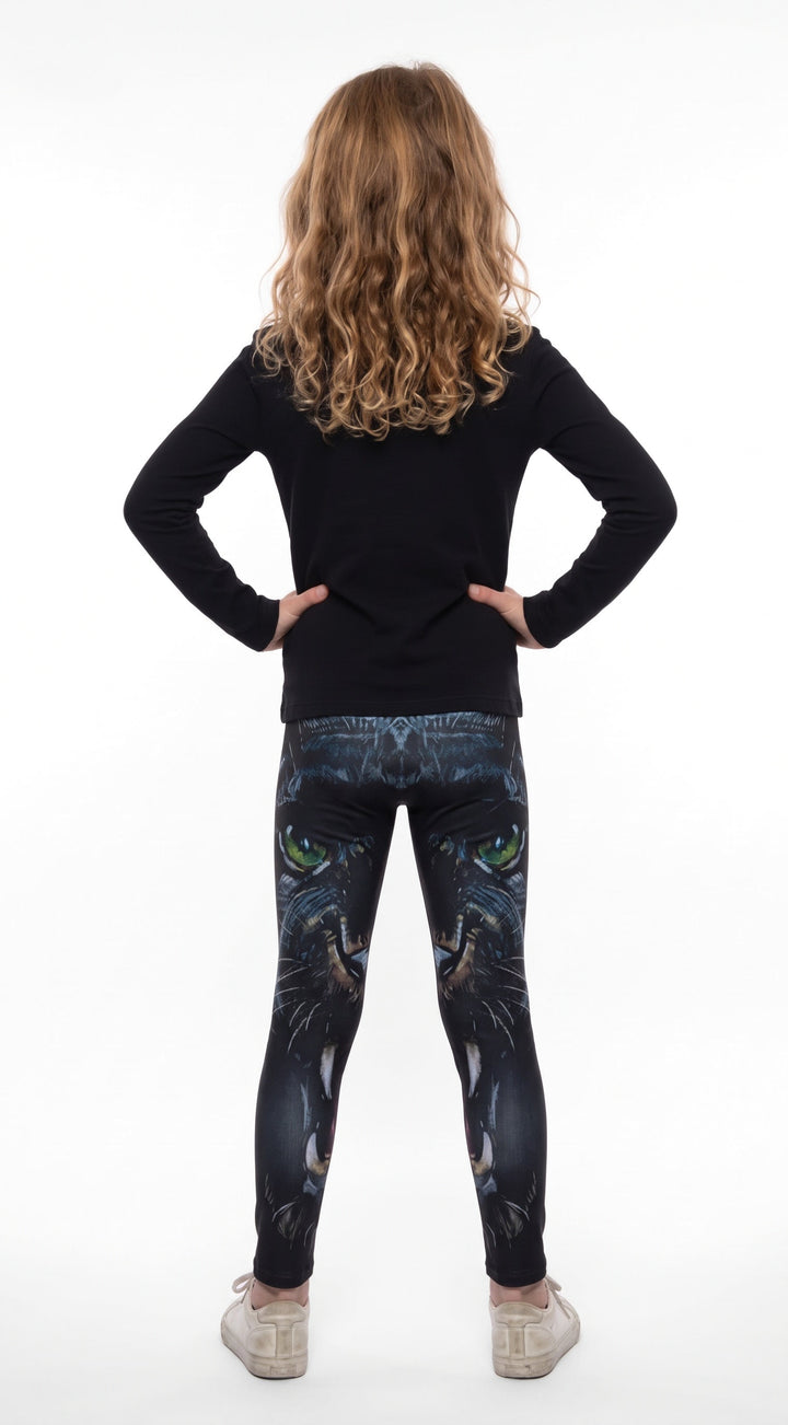 Back view of Panther Print Girls Leggings on a girl